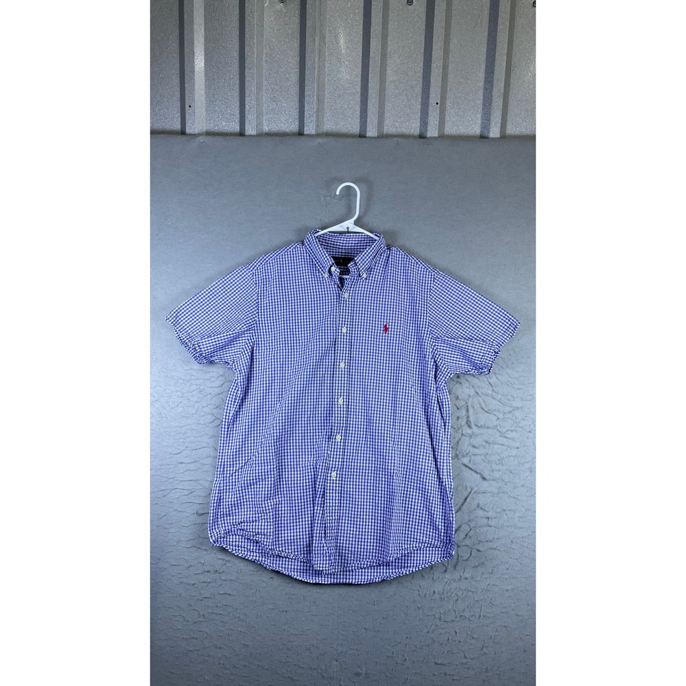 Ralph Lauren Button Down Shirt Mens Large Purple Gingham Good Short Sleeve Pony